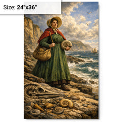 Mary Anning on Lyme Regis fossil cliffs metal print on a plain backdrop in size 24"x36".