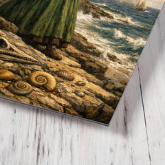Mary Anning on Lyme Regis fossil cliffs metal print mockup