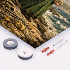 Mary Anning on Lyme Regis fossil cliffs metal print mockup