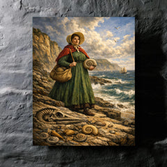 Mary Anning on Lyme Regis fossil cliffs metal print mockup