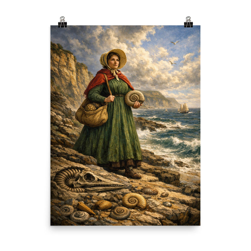 Mary Anning on Lyme Regis fossil cliffs poster on a plain backdrop in size 8