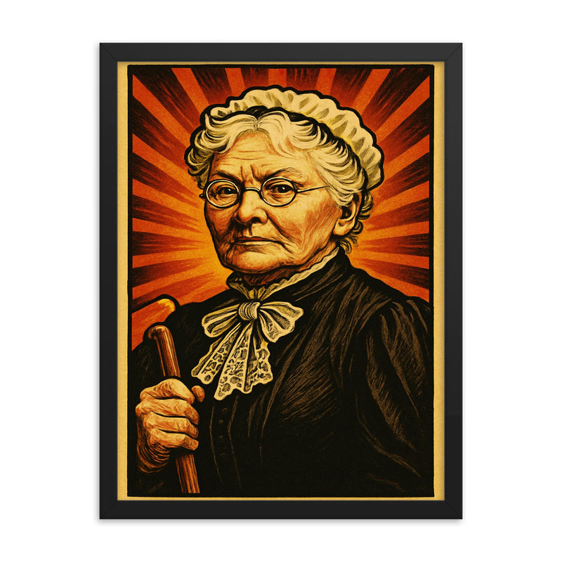 Mary Harris Jones framed print on a plain backdrop in size 18