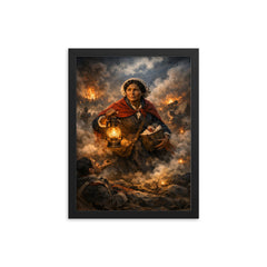 Mary Seacole amid Crimean battlefield lantern smoke framed print on a plain backdrop in size 12"x16".