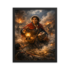 Mary Seacole amid Crimean battlefield lantern smoke framed print on a plain backdrop in size 16"x20".
