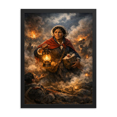 Mary Seacole amid Crimean battlefield lantern smoke framed print on a plain backdrop in size 18"x24".
