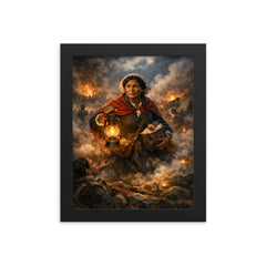 Mary Seacole amid Crimean battlefield lantern smoke framed print on a plain backdrop in size 8"x10".