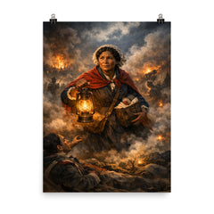 Mary Seacole amid Crimean battlefield lantern smoke poster on a plain backdrop in size 8"x10".