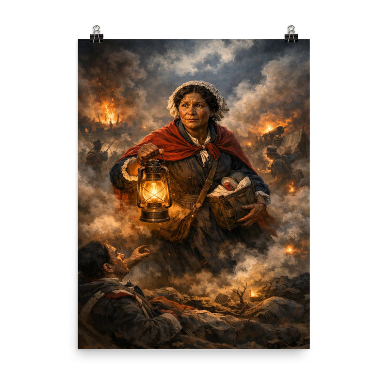 Mary Seacole amid Crimean battlefield lantern smoke poster on a plain backdrop in size 8