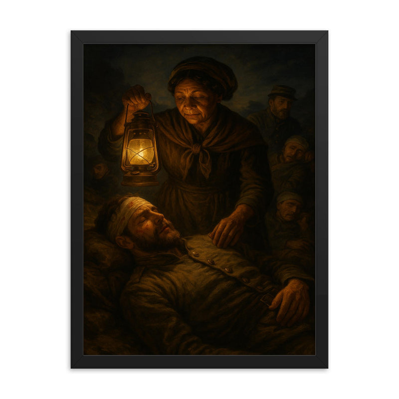 Mary Seacole tending wounded soldiers by lantern light framed print mockup 18x24