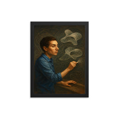 Maryam Mirzakhani drawing endless curved surfaces framed print on a plain backdrop in size 12"x16".