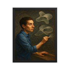 Maryam Mirzakhani drawing endless curved surfaces framed print on a plain backdrop in size 16"x20".