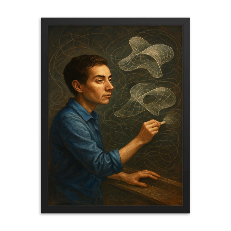 Maryam Mirzakhani drawing endless curved surfaces framed print on a plain backdrop in size 18