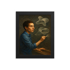 Maryam Mirzakhani drawing endless curved surfaces framed print on a plain backdrop in size 8"x10".
