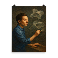 Maryam Mirzakhani drawing endless curved surfaces poster on a plain backdrop in size 8"x10".