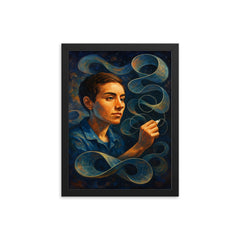 Maryam Mirzakhani drawing infinite surfaces framed print on a plain backdrop in size 12"x16".