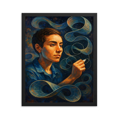 Maryam Mirzakhani drawing infinite surfaces framed print on a plain backdrop in size 16"x20".