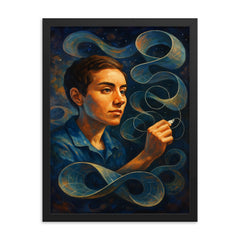 Maryam Mirzakhani drawing infinite surfaces framed print on a plain backdrop in size 18"x24".