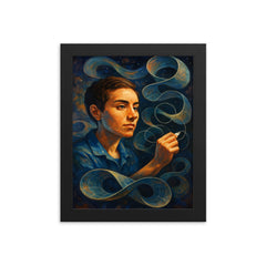 Maryam Mirzakhani drawing infinite surfaces framed print on a plain backdrop in size 8"x10".