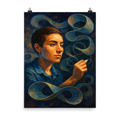 Maryam Mirzakhani drawing infinite surfaces poster on a plain backdrop in size 8"x10".