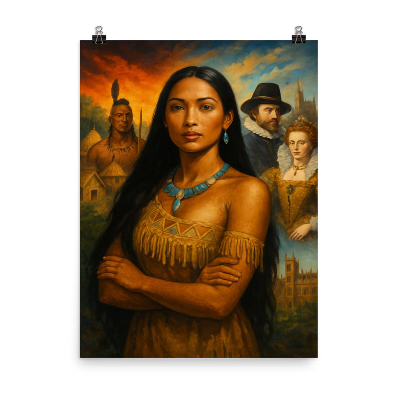 Matoaka Pocahontas between Powhatan world and English court poster on a plain backdrop in size 8