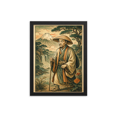 Matsuo Basho ancient Japanese style art framed print on a plain backdrop in size 12"x16".