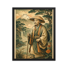 Matsuo Basho ancient Japanese style art framed print on a plain backdrop in size 16"x20".