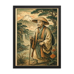 Matsuo Basho ancient Japanese style art framed print on a plain backdrop in size 18"x24".