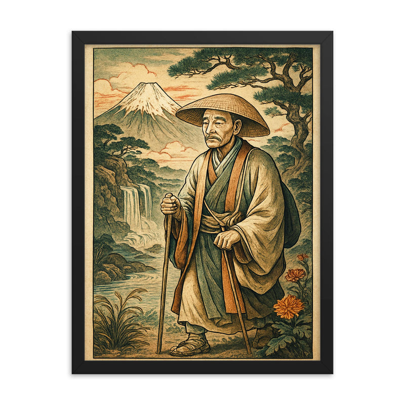 Matsuo Basho ancient Japanese style art framed print on a plain backdrop in size 18