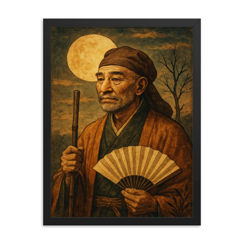 Matsuo Basho framed print on a plain backdrop in size 18