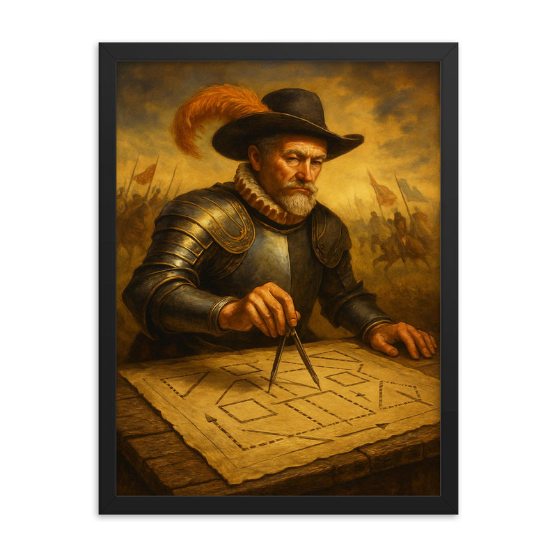 Maurice of Nassau geometric battlefield command framed print on a plain backdrop in size 18