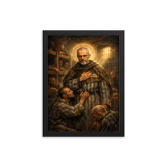 Maximilian Kolbe volunteering in Auschwitz bunker framed print on a plain backdrop in size 12"x16".