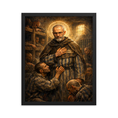 Maximilian Kolbe volunteering in Auschwitz bunker framed print on a plain backdrop in size 16"x20".