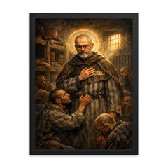 Maximilian Kolbe volunteering in Auschwitz bunker framed print on a plain backdrop in size 18"x24".