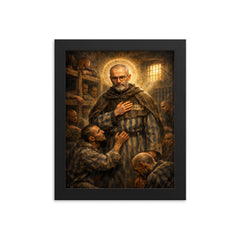 Maximilian Kolbe volunteering in Auschwitz bunker framed print on a plain backdrop in size 8"x10".