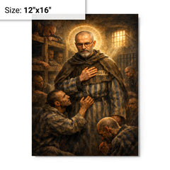 Maximilian Kolbe volunteering in Auschwitz bunker metal print on a plain backdrop in size 12"x16".