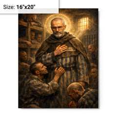 Maximilian Kolbe volunteering in Auschwitz bunker metal print on a plain backdrop in size 16"x20".