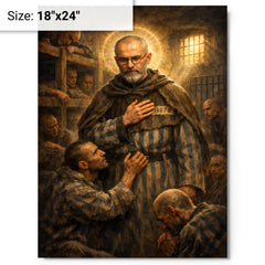 Maximilian Kolbe volunteering in Auschwitz bunker metal print on a plain backdrop in size 18"x24".