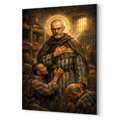 Maximilian Kolbe volunteering in Auschwitz bunker metal print mockup