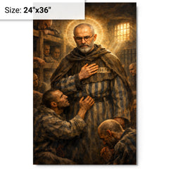Maximilian Kolbe volunteering in Auschwitz bunker metal print on a plain backdrop in size 24"x36".