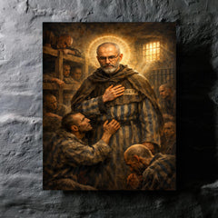Maximilian Kolbe volunteering in Auschwitz bunker metal print mockup