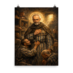 Maximilian Kolbe volunteering in Auschwitz bunker poster on a plain backdrop in size 8"x10".