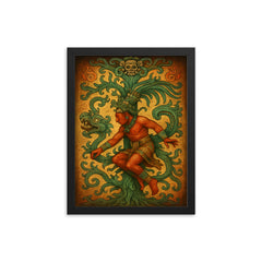 Mayan king Pakal descending world tree vision framed print on a plain backdrop in size 12"x16".