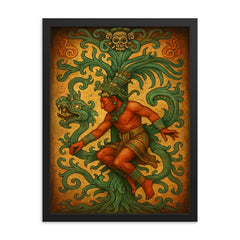 Mayan king Pakal descending world tree vision framed print on a plain backdrop in size 18"x24".