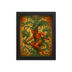 Mayan king Pakal descending world tree vision framed print on a plain backdrop in size 8"x10".