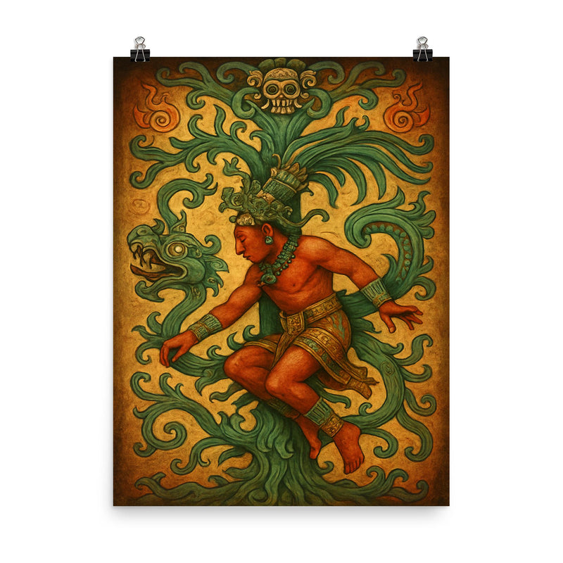 Mayan king Pakal descending world tree vision poster on a plain backdrop in size 8