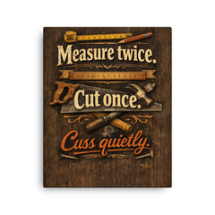 Measure twice Cut once Cuss quietly canvas print on a plain backdrop in size 16"x20".