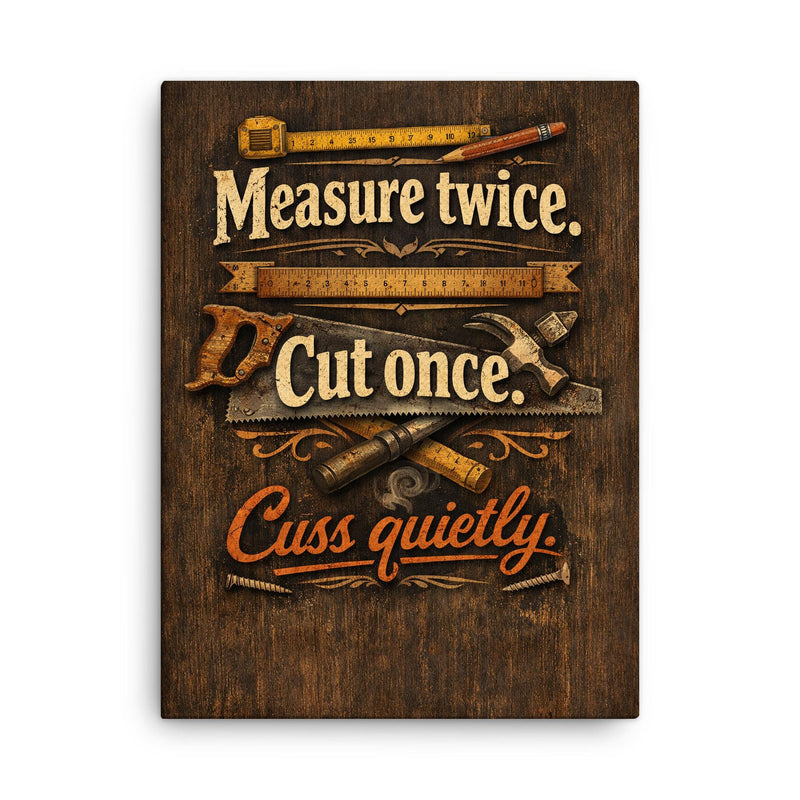 Measure twice Cut once Cuss quietly canvas print on a plain backdrop in size 18