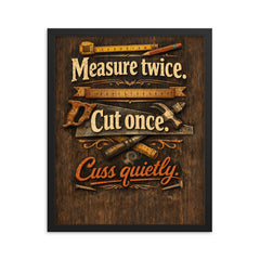 Measure twice Cut once Cuss quietly framed print on a plain backdrop in size 16"x20".