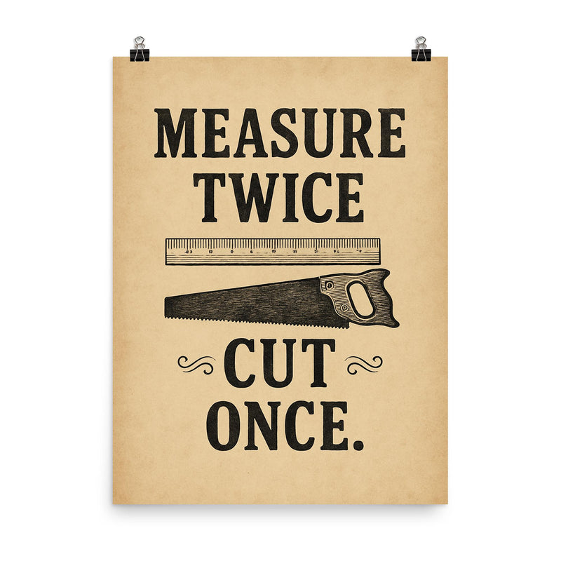 Measure twice Cut once poster on a plain backdrop in size 8