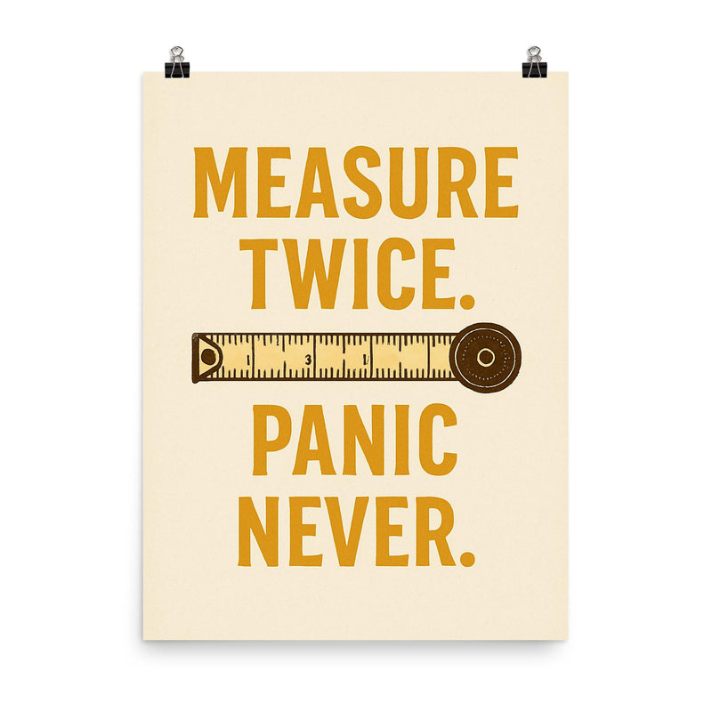 Measure twice Panic never poster on a plain backdrop in size 8